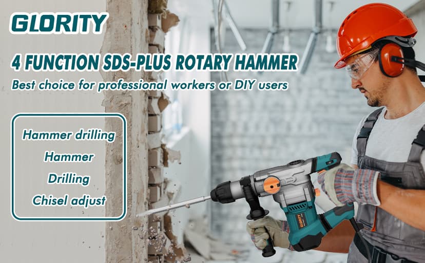 1-1/4 Inch SDS-Plus 13 Amp Heavy Duty Rotary Hammer Drill with Safety Clutch 4 Functions and Variable Speed, Including Chisels and Drill Bits