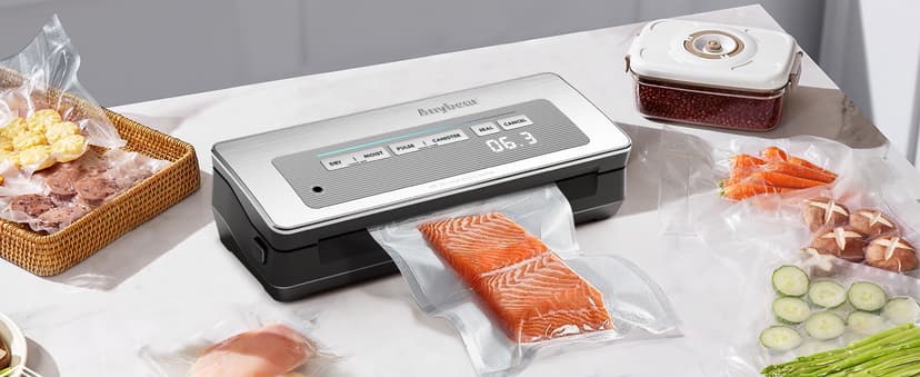 Vacuum Sealer Machine, 90kPa 120W Powerful Food Sealer Build-in Cutter and Bag Storage, Digital Countdown Display, Dry&Moist Mode, Wide Seal, 2 Bag Rolls & 5 Pre-Cut Bags for Food Saver (Silver)