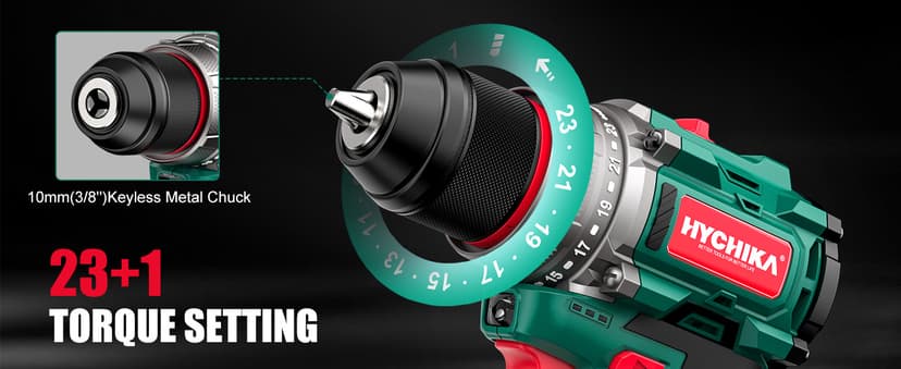HYCHIKA Drill Set, True Brushless Power Drill Driver 16.8V Cordless Compact Drill Woman Man,410 IN-LB, LED Light,2 Variable Speed 23+1 Torque 3/8" Keyless Chuck, 1 Lithium-Ion Battery