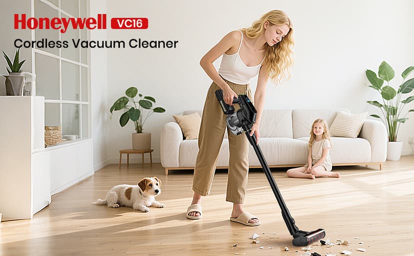 Honeywell Self-Cleaning Cordless Vacuum Cleaner, 8-in-1 Lightweight Stick Vacuum with 60Mins Runtime, Powerful Suction, Rechargeable Cordless Vacuum for Pet Hair/Carpet/Hardwood Floor, VC16