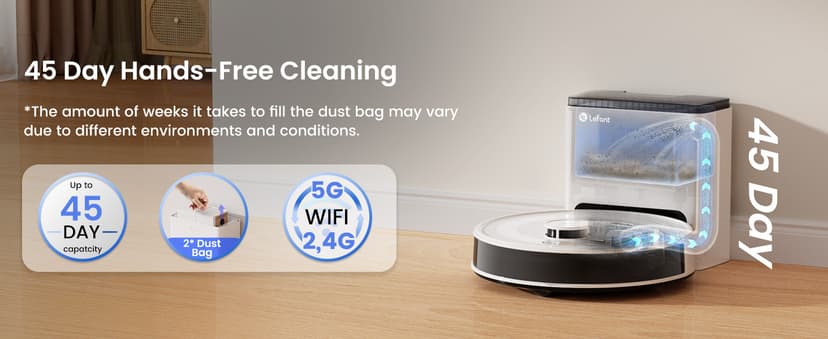 Lefant LiDAR Robot Vacuum and Mop,45-Day Self-Emptying,6000Pa Powerful Suction,Customized Cleaning,Home Mapping,140 Min Runtime,Roller Brush for Carpet,2.4G/5G WiFi/Alexa/APP/iWatch,M2 Plus
