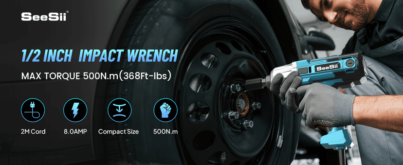 Seesii Electric Impact Wrench Corded, 368Ft-lbs(500N.m) Torque 1/2 inch Impact Gun with 8Amp Cord, 4 Sockets for Car Tire and Home DIY, AC500