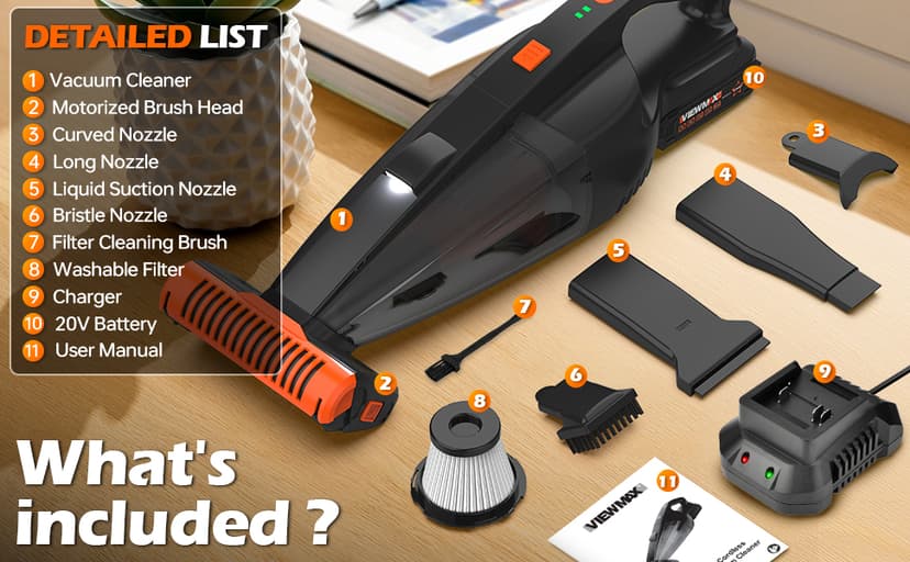 Pet Hair Vacuum, Handheld Vacuum Cordless Rechargeable with LED, 10000Pa Suction, 20V Lightweight Portable Hand Vacuum with Multi-Nozzles & Washable HEPA Filter for Pet Hair, Car and Home