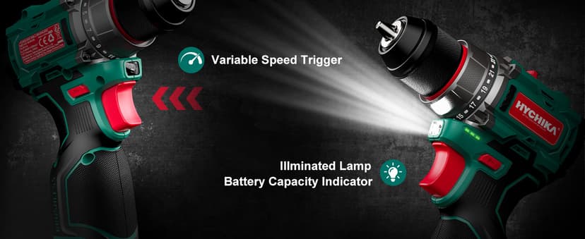 HYCHIKA Drill Set, True Brushless Power Drill Driver 16.8V Cordless Compact Drill Woman Man,410 IN-LB, LED Light,2 Variable Speed 23+1 Torque 3/8" Keyless Chuck, 1 Lithium-Ion Battery