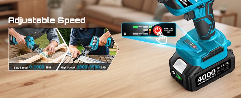 SEESII Reciprocating Saw Cordless, Variable Speed 3500 RPM Brushless Motor with 8 Saw Blades, 2 x 4.0Ah Batteries, LED Light, Tool‑Free Blade Change, Portable for Wood PVC Cutting