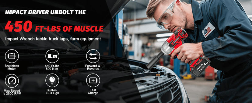 Cordless Impact Wrench 1/2 Inch, 21V Max Brushless, 450 Ft-lbs (600N.m) Max Torque, 3-Speed, w/ 4.0Ah Battery & Quick Charger, 6Pcs Impact Sockets - for Automotive Repair, Tire Changing, Home DIY