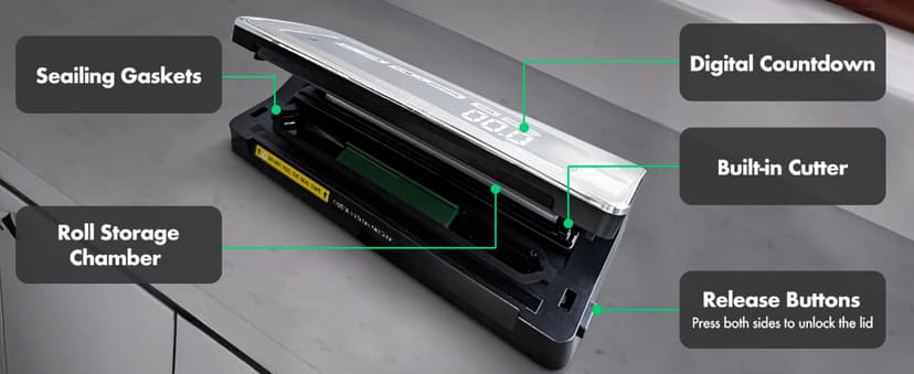 Vacuum Sealer Machine, 90kPa 120W Powerful Food Sealer Build-in Cutter and Bag Storage, Digital Countdown Display, Dry&Moist Mode, Wide Seal, 2 Bag Rolls & 5 Pre-Cut Bags for Food Saver (Silver)