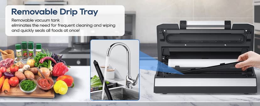 Liquid Vacuum Sealer Machine, 90Kpa Vacuum Sealer Machine Preservation Dry/Moist/Liquid Modes, LED Indicator Light, Handle Locked Design, Built-in Cutter and Bag Storage, Removable Drip Tray