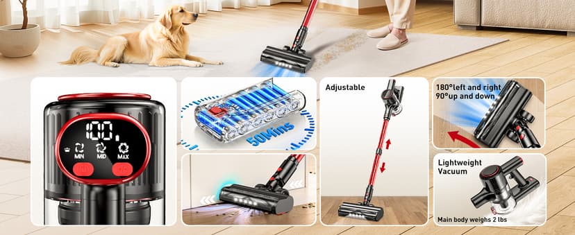 Cordless Vacuum Cleaner, 8-in-1 Vacuum Cleaners for Home, 45Mins Runtime, Anti-Tangle Stick Vacuum with LED Display, Rechargeable Lightweight Vacuum for Pet Hair/Carpet/Floor (Red)