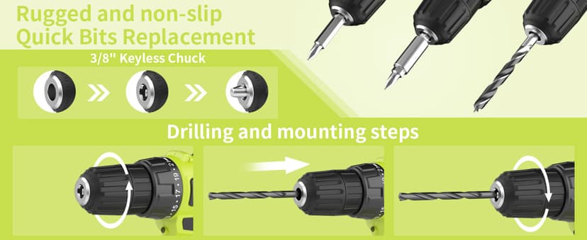 PULITUO'S 20V Cordless Drill/Driver, Electric Screwdriver - 2 Batteries, 30Nm, 21+1 Torque, 2 Speed, Keyless 3/8" Chase Drill with LED Light, Kit for Home (Green)
