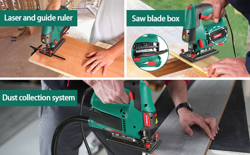 HYCHIKA Jig saw, 6.7A Jig Saw 800-3000SPM with 6 Variable Speeds, 4 Orbital Sets, Bevel Angle 45°, 6PCS Blades, Pure Copper Motor, Laser Guide, Wood Metal Plastic Cutting
