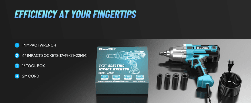 Seesii Electric Impact Wrench Corded, 368Ft-lbs(500N.m) Torque 1/2 inch Impact Gun with 8Amp Cord, 4 Sockets for Car Tire and Home DIY, AC500