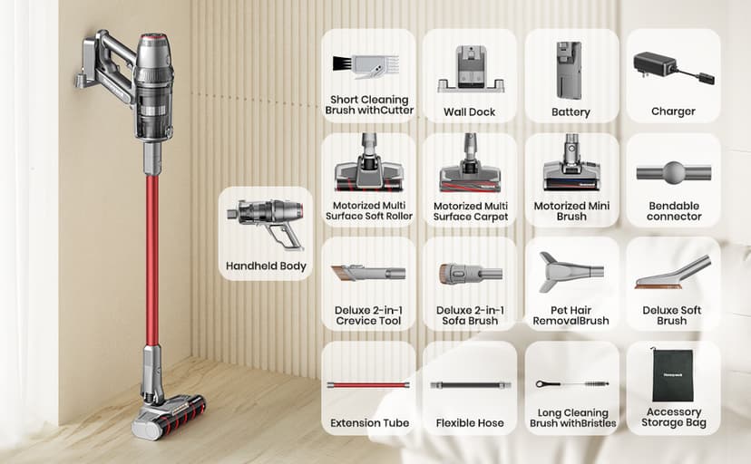 Honeywell Smart Cordless Vacuum Cleaner w/Automatic Adjustment, 10-in-1 Lightweight Stick Vacuum with 3000mAh Battery 70Mins Runtime, Rechargeable Cordless Vacuum for Pet Hair/Carpet/All Floor, VC14