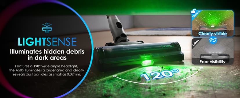 Tineco Pure ONE A50S Cordless Stick Vacuum Cleaner, 185W Suction,1L Larger Dustbin, 3DSense Power Brush, PureCyclone Tech, Easily Tackles Large Debris