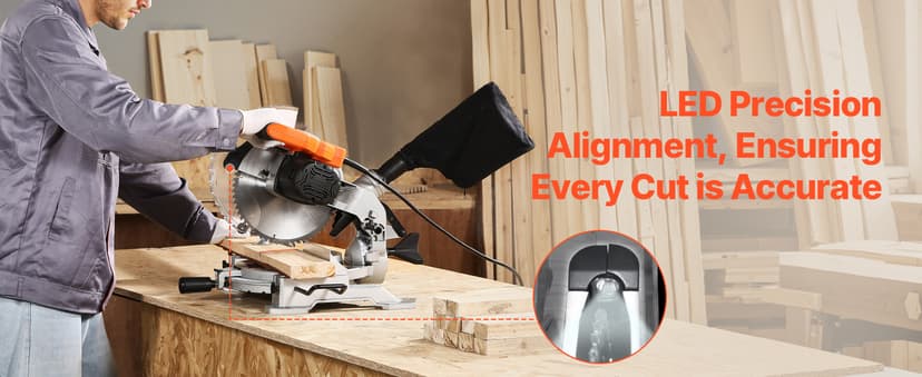 VEVOR Compound Miter Saw, 10-Inch Blade, 15 Amp Motor, 60-Tooth, Corded Single Bevel 0-45°, LED Precision Alignment, Angle Adjustable, Lightweight Cast Aluminum Base, for Wood, Composite Decking