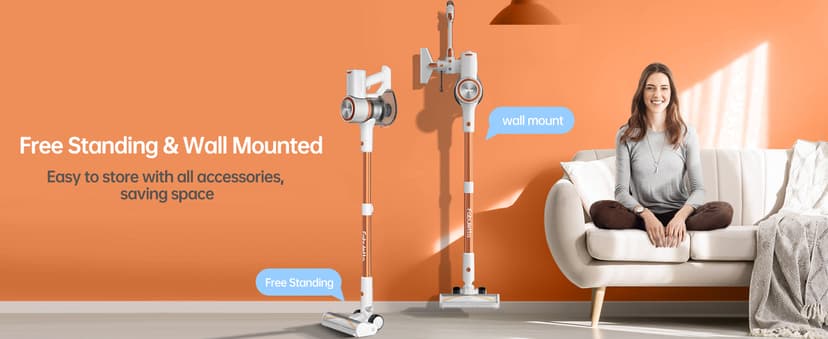 FABULETTA Cordless Vacuum Cleaner for Home, 40Kpa Stick Vacuum with MAX 55Min Detachable Batteries, 8 in 1 Lightweight Vacuum with Brushless Motor for Hardwood Floors&Carpet Pet Hair Car(White-Orange)