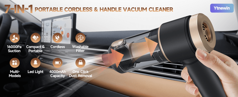 Car Vacuum Portable Cordless, Hand Vacuum with 16000PA High Power, 7 in 1 Mini Car Vacuum Cleaner with One-Click Empty, Dual Hepa Filter, LED Light, Type-C Charging Small Handheld Vac