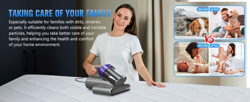 Bed Vacuum Cleaner Mattress Vacuum Cleaner,16Kpa Powerful Handheld Vacuums with UV-C Light & Double Dust Cup & High Heating & Ultrasonic & Anion for Bed Sofa (MV11,Black)