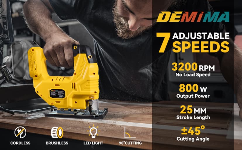 Cordless Jig Saw for De-Walt 20V Battery, 7 Speed Variable Up to 3200RPM, LED Light, 45° Bevel Cuts, 3 Orbital Motions, with Jig Saw Blade for Straight/Curve/Circle Cutting(Battery Not Include)