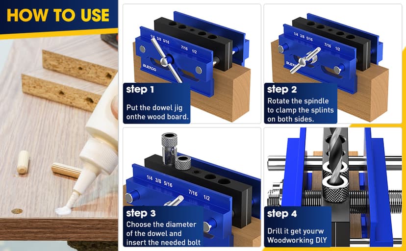 Self Centering Doweling Jig Kit, Drill Jig For Straight Holes Biscuit Joiner Set With 6 Drill Guide Bushings, Adjustable Width Drilling Guide Power Tool Accessory Jigs (Blue)