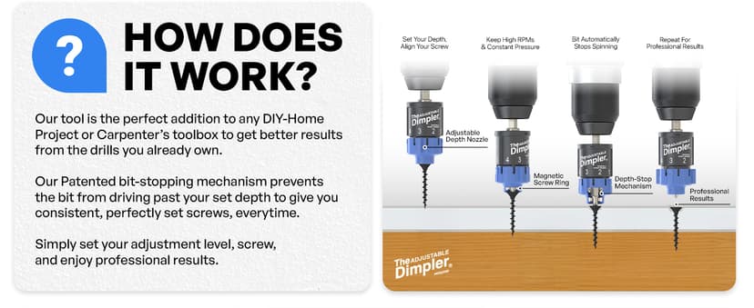 Adjustable DIMPLER ® - Drywall Bit & Screw Gun Attachment, Converts Drill into Drywall Screw Gun or Deck Screwdriver, Magnetic Bit Holder for Fast, Accurate Installation