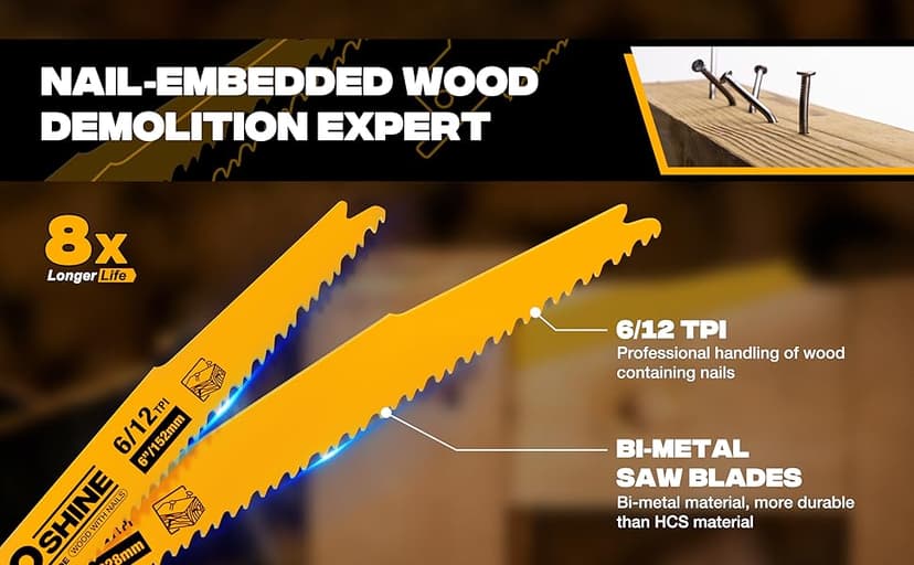 25 Pack 9 in 6/12TPI Reciprocating Saw Blades,Stud and Nail sawzall Blades, 9" High-Strength Bi-Metal sawzall Blades for Wood and Nail-Embedded Wood, Small Branches, Pallets,PVC Pipe