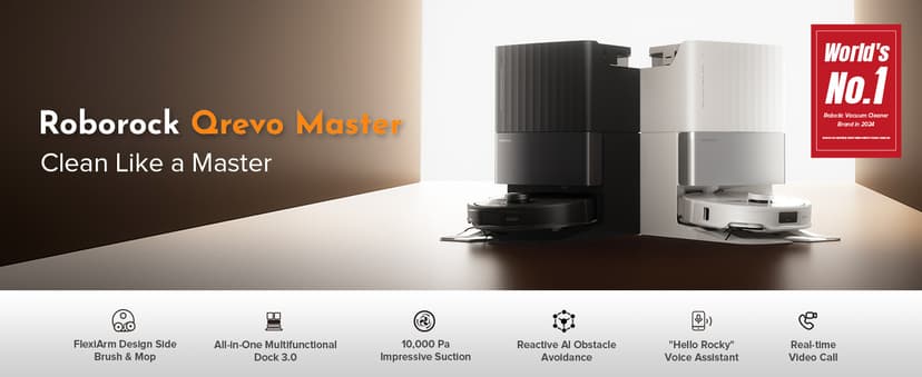 roborock Qrevo Master Robot Vacuum and Mop Combo, 10,000Pa Suction, FlexiArm Design Side Brush & Mop, Auto Mop Washing & Drying, Self-Emptying&Refilling, Dock Self-Cleaning, Obstacle Avoidance, Black