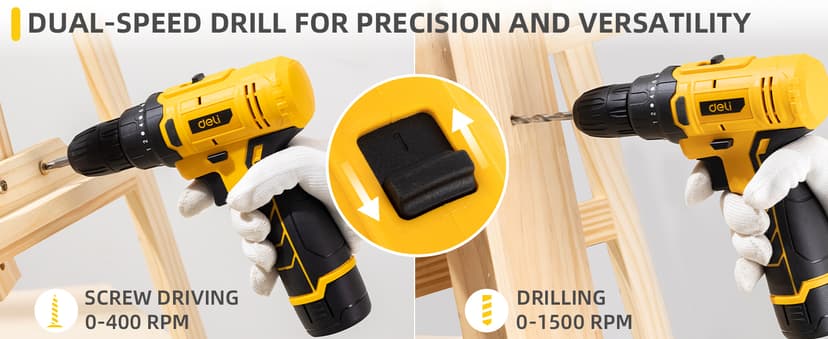 DELI 12V Cordless Drill Set, 2.0Ah Battery with Charger, 3/8'' Keyless Chuck, 18+1 Torque Settings, Electric Mini Drill for Home Improvement
