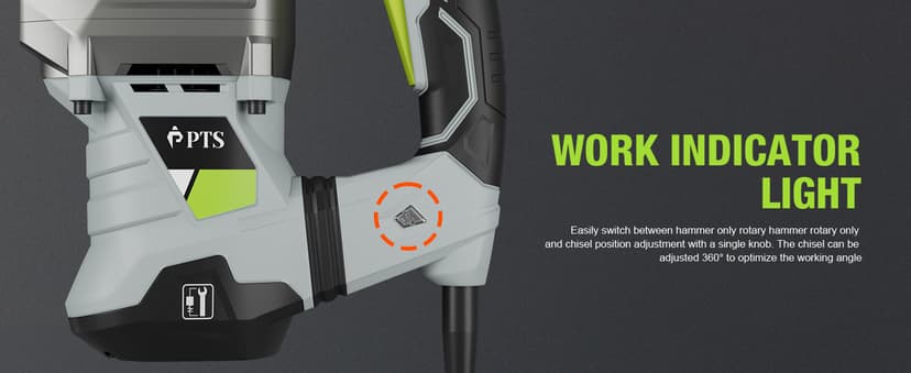 PTS 1-9/16 Inch SDS-Max Rotary Hammer, 13.5 Amp Heavy Duty 3 Functions Corded Concrete Demolition Hammer, w/Vibration Control & Safety Clutch, Includes Drill Bits, Chisels, Carrying Case (Green)