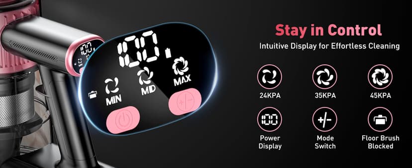 Cordless Vacuum Cleaner, 8 in 1 Vacuum Cleaner for Home with LED Display, 3 Suction Modes, Anti-Tangle Brush, 45mins Runtime Lightweight Stick Vacuum for Home Hardwood Floor, Pet Hair, Carpet