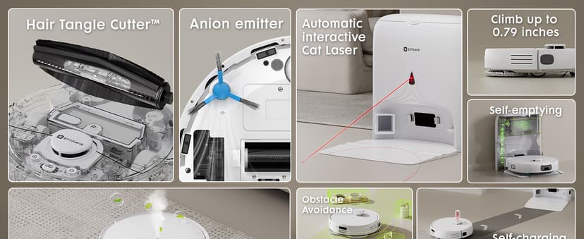 V5 Robot Vacuum and Mop, Self-Emptying Robotic Vacuum Cleaner, 8500Pa Suction, Pet Hair Tangle Cutter, Laser Navigation, Cat Laser, Carpet Detection, Ideal for Hard Floor, Tile, and Carpet