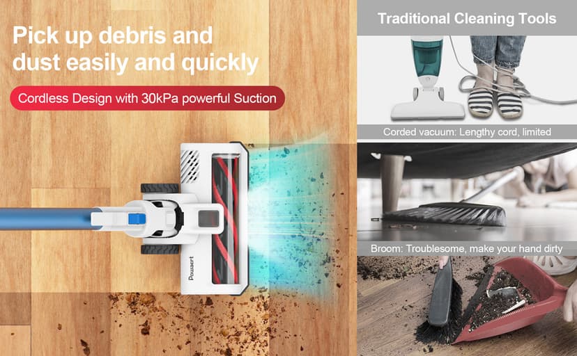 Cordless Vacuum Cleaner for Home, 45Kpa Lightweight Stick Vacuum with Powerful Suction, Rechargeable Battery Up to 50mins, Handheld Vacuum Cleaners for Hardwood Floors, Carpets, Pet Hair - Red