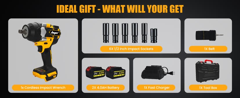 Cordless 1/2 Inch Impact Wrench,1000 N.m(740 Ft-lbs) Brushless High Torque Electric Impact Gun, 3300RPM Power Impact Driver, 2x 4.0AH Li-ion Battery,Charger & 6Pcs Sockets for Car Home DIY Furniture