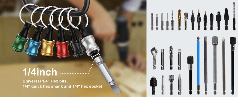 Push to Unlock,Katerk 6pcs 1/4 inch Hex Shank Aluminum Alloy Screwdriver Bit Holder Light-Weight Quick-Change Extension Bar Keychain Drill Screw Adapter Portable,Black Carabiner,Tool Gifts for Men