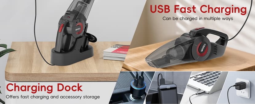 whall Handheld Cordless Car Vacuums, Wet and Dry Use 9000Pa Strong Suction Vacuums, Rechargeable Portable Vacuum Cleaner with LED, Charging Dock, Lightweight Mini Vacuum for Car, Home and Office, Red