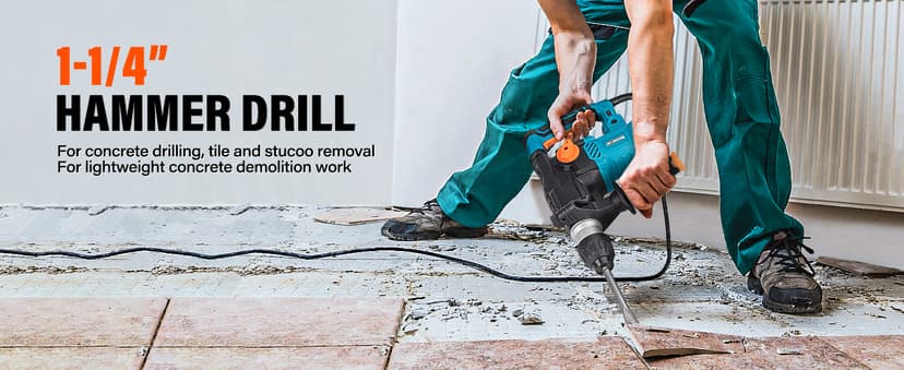 Berserker 1-1/4" SDS-Plus Rotary Hammer Drill with Vibration Control,Safety Clutch,12.5 Amp 4 Functions Corded Rotomartillo for Concrete-Including 3 Drill Bits,Flat Chisel,Point Chisel,Carrying Case