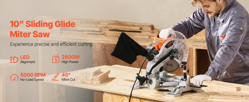 VEVOR Compound Miter Saw, 10-Inch Blade, 15 Amp Motor, 60-Tooth, Corded Single Bevel 0-45°, LED Precision Alignment, Angle Adjustable, Lightweight Cast Aluminum Base, for Wood, Composite Decking