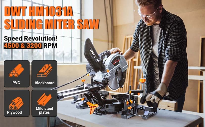 DWT Sliding Compound Miter Saw with 3 Blades, 15A 10", Double Speed (4500 RPM & 3200 RPM), Bevel Cut (0°-45°) with Laser, Extension Table, Iron Blade Guard, Cutting Wood, PVC or Soft Metal