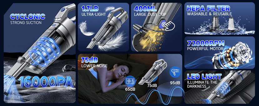 JONYJ Handheld Vacuum Cordless, 16000PA Strong Suction Hand Held Car Vacuum Cleaner, Portable Hand Vacuum Rechargeable with Multi-Nozzles & LED Light for Home, Car, Office, Pets