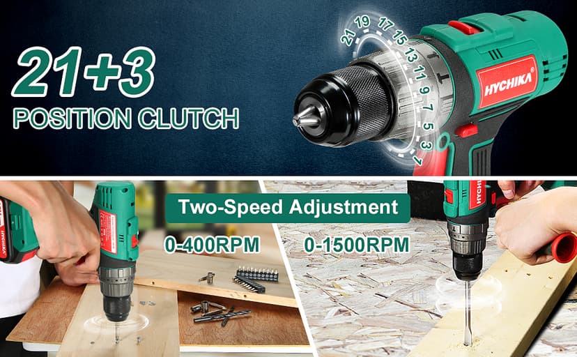 Cordless Hammer Drill Driver 18V, HYCHIKA 400 In-lbs Torque Power Drill with Auxiliary Handle, 1/2” Metal Chuck, 2.0Ah Battery, 1H Fast Charger, 21+3 Clutch, LED Light for Drilling Wood Metal Wall