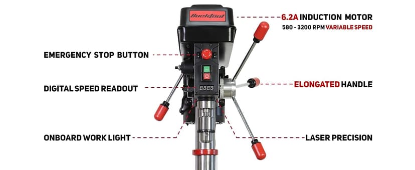 BUCKTOOL 12 INCH 6.2A Professional Bench Drill Press, 3/4HP Powerful Benchtop Drill Press, Variable Speed Drill Press with IIIA Laser and Work Light
