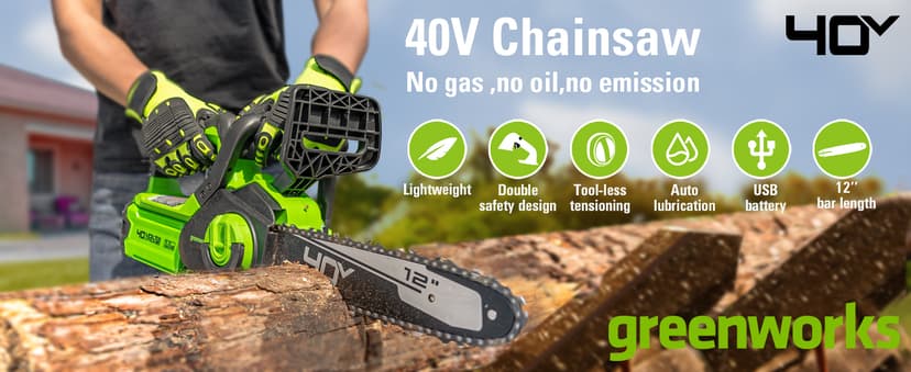 Greenworks 40V 12" Cordless Compact Chainsaw (Great For Storm Clean-Up, Pruning, and Camping), 2.0Ah Battery and Charger Included
