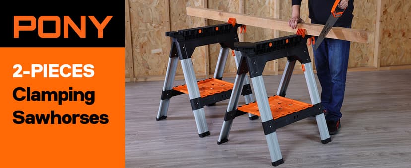 PONY 2-Pack Clamping Sawhorses, 1200 LBS Load Capacity, 30-3/4" Folding Sawhorse with 12” F Clamps, Bench Dogs, Angle Clamps, 2" Spring Clamps, Steel Legs, Heavy Duty for Woodworking