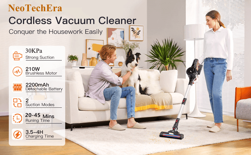 Cordless Vacuum Cleaner, 30Kpa/210W Stick Cordless Vacuum Up to 45 Mins Runtime, 8 in 1 Lightweight Vacuum for Hardwood Floor Carpet Pet Hair (Black-red)