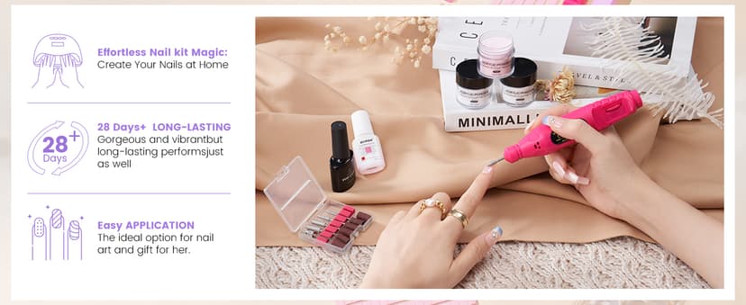 Acrylic Nail Kit with Everything: Beginners Practice Hand Acrylic Nail Powder Liquid Set with U V Lamp Drill in Gift Bag for Home Salon(Pink Bag)