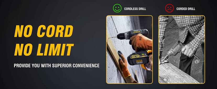 RIDA Cordless Drill Power Drill Cordless 20V 1/2'' Keyless Metal Chuck 355 In-lb(40N.m) Torque with 2.0AH Li-ion Battery & Fast Charger, Variable Speed, 25+1 Position and 22pcs Bits