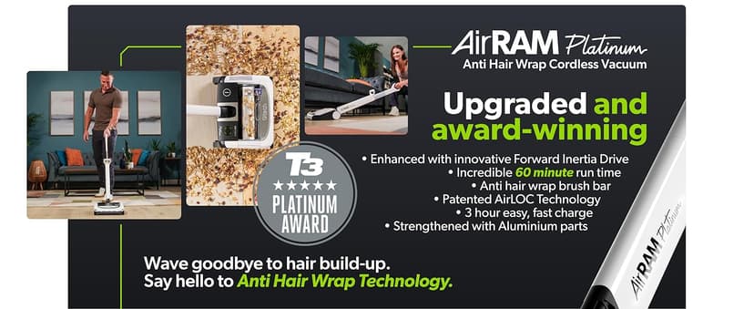 Gtech AirRAM Platinum Cordless Vacuum Cleaner - Includes Anti-Hair Wrap Brush Bar - Perfect for Carpet and Hardwood Floors - Rechargeable 22v Li-ion Battery - Lightweight (7 lbs.)