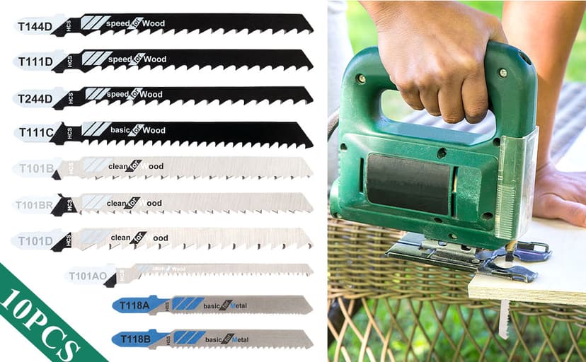 Jigsaw Blades, 10 Piece Jig Saw Blades, Assorted T-Shank jig Saw Blades for Wood, Metal and Plastic Cutting(T111D, T101AO, T101BR, T101D, T101B, T118A, T118B, T144D, T244D,T111C)