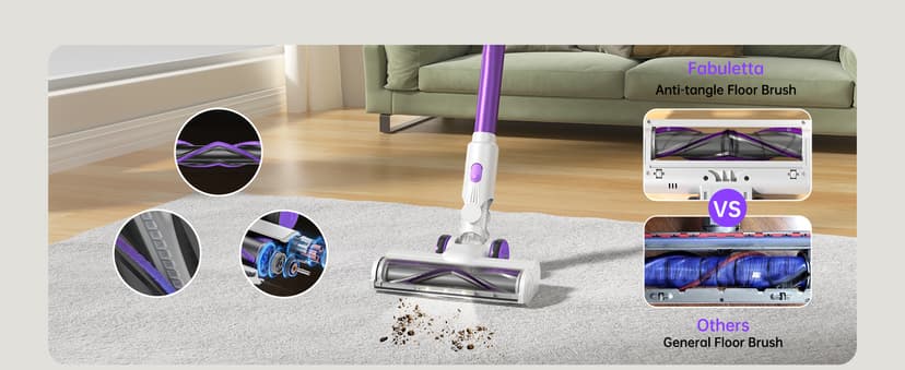 FABULETTA Cordless Vacuum Cleaner for Home, 500W Lightweight Vacuum Cleaner with MAX 50 Min Detachable Battery, Brushless Motor, 6 in 1 Stick Vacuum for Hardwood Floors and Carpet Pet Hair Car(Purple)