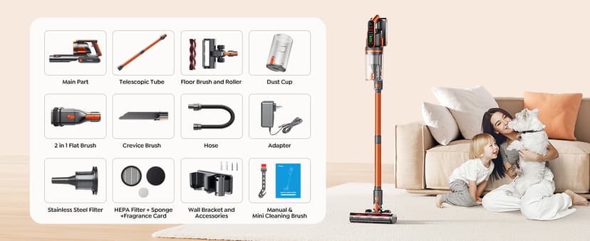 Cordless Vacuum Cleaner, 550W/45KPa/60Min Runtime Stick Vacuum with 3.3Ft Hose, Wall Mount Charging, Auto Mode, Touchscreen, Self-Standing Vacuum Cleaner for Home/Pet Hair/Carpet/Car, Fragrance